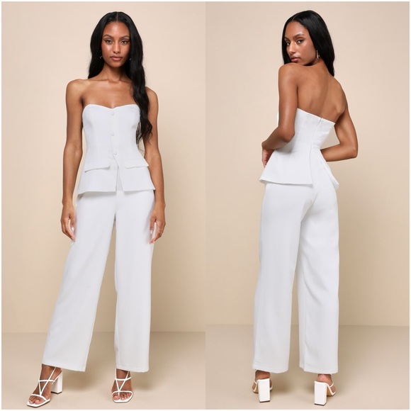 LULU’S Sophisticated Angel White Strapless Vest Jumpsuit - Picture 1 of 8